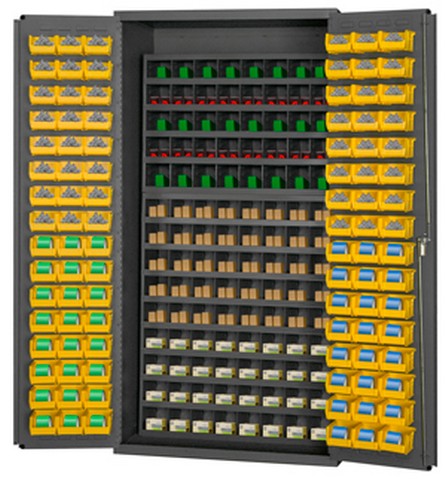 Picture of Durham 3501-DLP-72/40B-96-95 14 Gauge Flush Door Style Lockable Cabinet with 112 Pigeon Hole & 96 Yellow Plastic Hook on Bins Gray - 36 in.