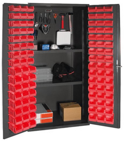 Picture of Durham 3501-DLP-PB-96-2S-1795 14 Gauge Flush Door Style Lockable Cabinet with Steel Pegboard & 96 Red Hook on Bins & 2 Adjustable Shelves, Gray - 36 in.