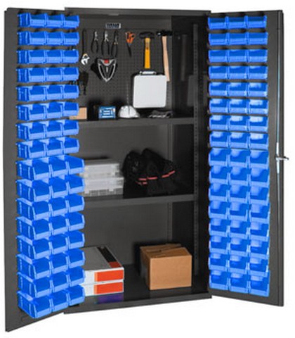 Picture of Durham 3501-DLP-PB-96-2S-5295 14 Gauge Flush Door Style Lockable Cabinet with Steel Pegboard & 96 Blue Hook on Bins & 2 Adjustable Shelves, Gray - 36 in.