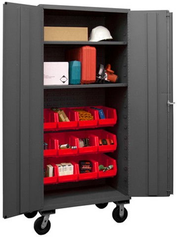 Picture of Durham 3501M-BLP-12-2S-1795 14 Gauge Flush Door Style Lockable Mobile Cabinet with 12 Red Hook on Bins & 2 Adjustable Shelves, Gray - 36 in.