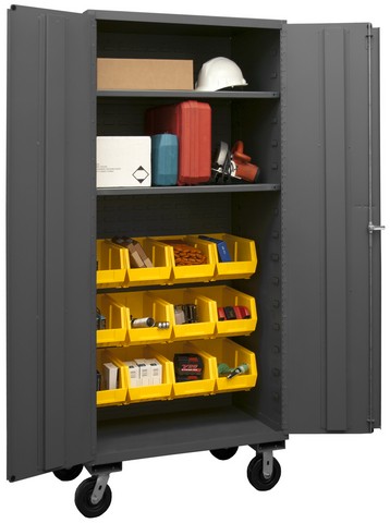 Picture of Durham 3501M-BLP-12-2S-95 14 Gauge Flush Door Style Lockable Mobile Cabinet with 12 Yellow Hook on Bins & 2 Adjustable Shelves, Gray - 36 in.