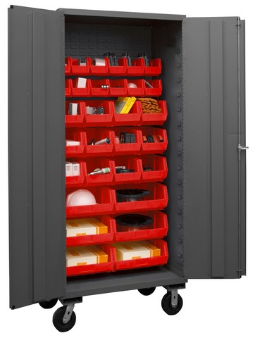 Picture of Durham 3501M-BLP-30-1795 14 Gauge Flush Door Style Lockable Mobile Cabinet with 30 Red Hook on Bins , Gray - 36 in.