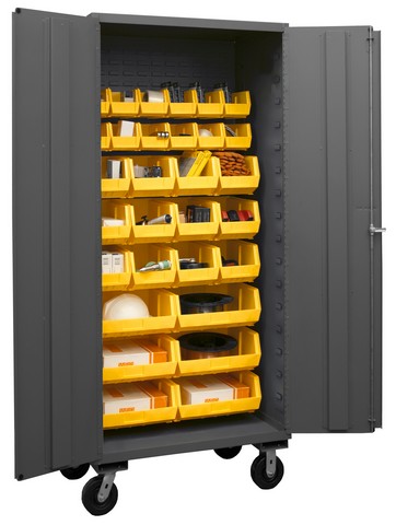 Picture of Durham 3501M-BLP-30-95 14 Gauge Flush Door Style Lockable Mobile Cabinet with 30 Yellow Hook on Bins , Gray - 36 in.