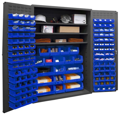 Picture of Durham 3502-138-3S-5295 14 Gauge Flush Door Style Lockable Cabinet with 138 Blue Hook on Bins & 3 Adjustable Shelves, Gray - 48 in.