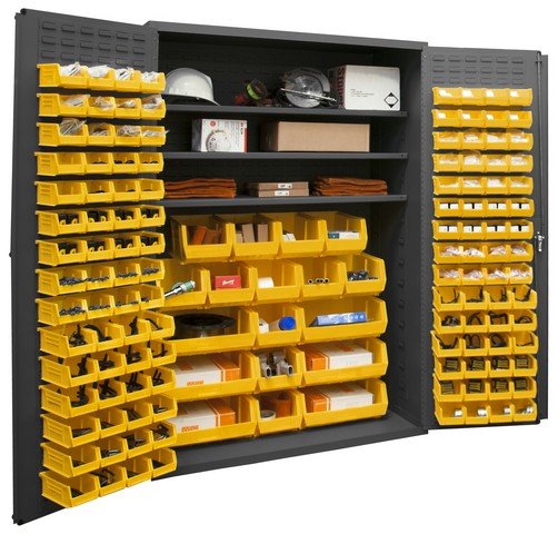 Picture of Durham 3502-138-3S-95 14 Gauge Flush Door Style Lockable Cabinet with 138 Yellow Hook on Bins & 3 Adjustable Shelves, Gray - 48 in.