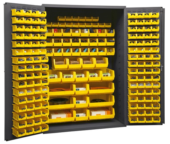 Picture of Durham 3502-186-95 14 Gauge Flush Door Style Lockable Cabinet with 186 Yellow Hook on Bins, Gray - 48 in.