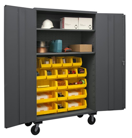 Picture of Durham 3502M-BLP-18-2S-95 14 Gauge Flush Door Style Lockable Mobile Cabinet with 18 Yellow Hook on Bins & 2 Adjustable Shelves, Gray - 48 in.