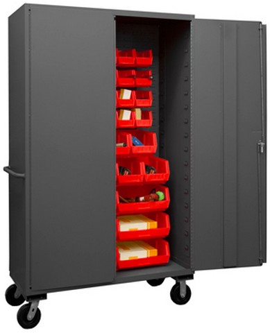 Picture of Durham 3502M-BLP-42-1795 14 Gauge Flush Door Style Lockable Mobile Cabinet with 42 Red Hook on Bins, Gray - 48 in.