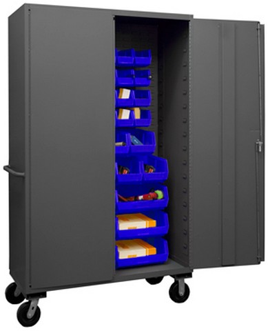 Picture of Durham 3502M-BLP-42-5295 14 Gauge Flush Door Style Lockable Mobile Cabinet with 42 Blue Hook on Bins, Gray - 48 in.