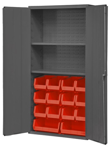Picture of Durham 3602-BLP-14-2S-1795 14 Gauge Flush Door Style Lockable Cabinet with 14 Red Hook on Bins & 2 Adjustable Shelves, Gray - 36 in.