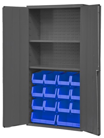 Picture of Durham 3602-BLP-14-2S-5295 14 Gauge Flush Door Style Lockable Cabinet with 14 Blue Hook on Bins & 2 Adjustable Shelves, Gray - 36 in.