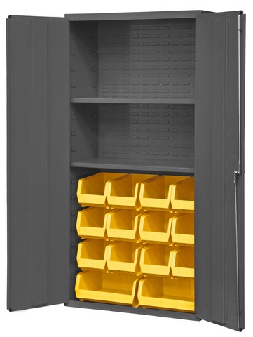 Picture of Durham 3602-BLP-14-2S-95 14 Gauge Flush Door Style Lockable Cabinet with 14 Yellow Hook on Bins & 2 Adjustable Shelves, Gray - 36 in.