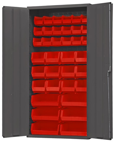 Picture of Durham 3602-BLP-36-1795 14 Gauge Flush Door Style Lockable Cabinet with 36 Red Hook on Bins, Gray - 36 in.