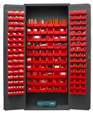 Picture of Durham 3603-156B-1795 14 Gauge Flush Door Style Lockable Cabinet with 156 Red Hook on Bins, Gray - 36 in.