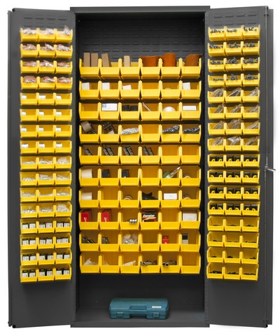 Picture of Durham 3603-156B-95 14 Gauge Flush Door Style Lockable Cabinet with 156 Yellow Hook on Bins, Gray - 36 in.
