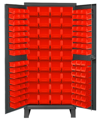 Picture of Durham 3702-132-1795 14 Gauge Flush Door Style Lockable Cabinet with 132 Red Hook on Bins, Gray - 36 x 24 x 78 in.