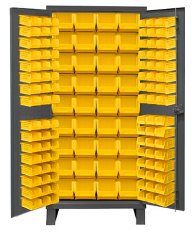 Picture of Durham 3702-132-95 14 Gauge Flush Door Style Lockable Cabinet with 132 Yellow Hook on Bins, Gray - 36 in.