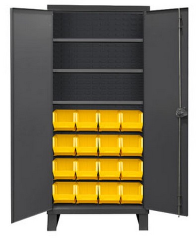 Picture of Durham 3702-16-3S-95 14 Gauge Recessed Door Style Lockable Cabinet with 16 Yellow Hook on Bins & 3 Adjustable Shelves, Gray - 36 in.
