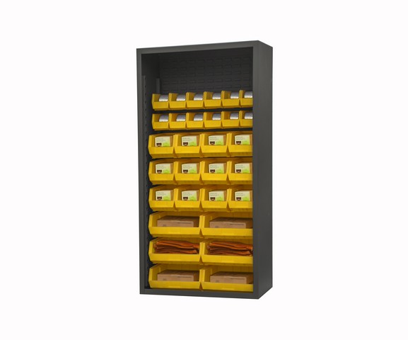 36 in. 12 Gauge Enclosed Shelving with 30 Yellow Hook on Bins - Gray