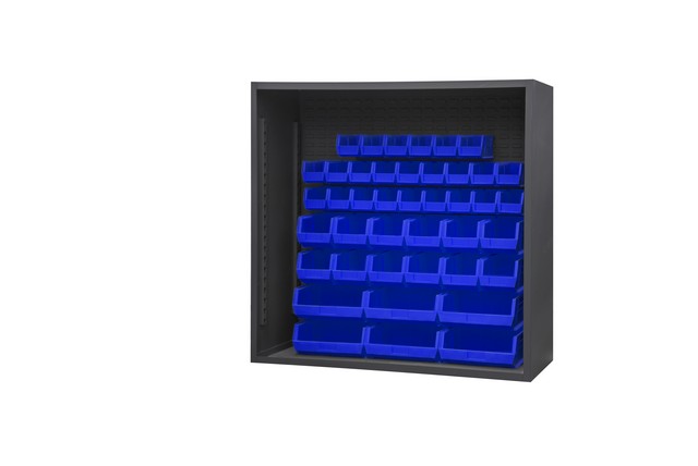 60 in. 12 Gauge Enclosed Shelving with 42 Blue Hook on Bins - Gray