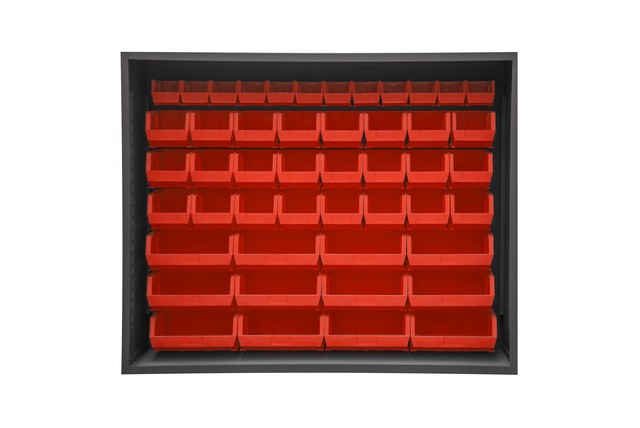 72 in. 12 Gauge Enclosed Shelving with 48 Red Hook on Bins - Gray