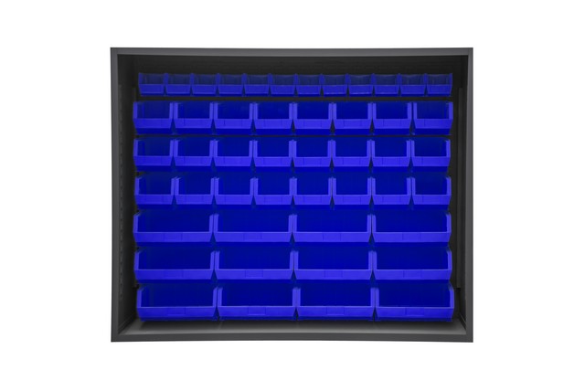72 in. 12 Gauge Enclosed Shelving with 48 Blue Hook on Bins - Gray