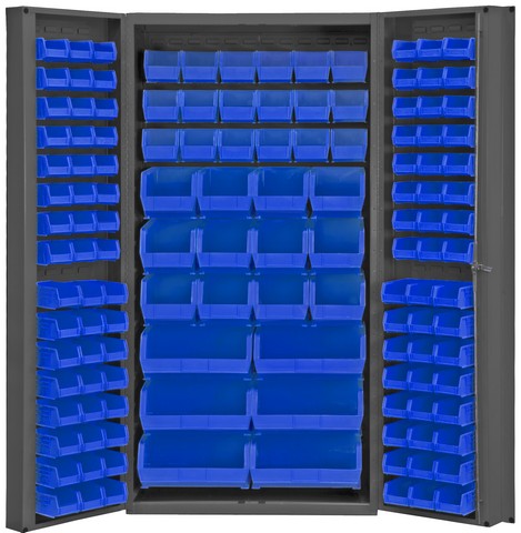 Picture of Durham DC-BDLP-132-5295 14 Gauge Deep Door Style Lockable Bin Cabinet with 132 Blue Hook on Bins, Gray - 36 x 24 x 72 in.