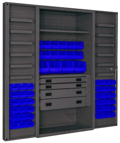 Picture of Durham DCBDLP524RDR-5295 14 Gauge 12 Door Shelves Lockable Cabinet with 52 Blue Hook on Bins & 1 Adjustable Shelf & 4 Drawers, Gray - 36 x 24 x 72 in.