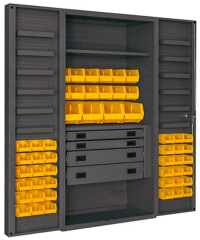 Picture of Durham DCBDLP524RDR-95 14 Gauge 12 Door Shelves Lockable Cabinet with 52 Yellow Hook on Bins & 1 Adjustable Shelf & 4 Drawers, Gray - 36 x 24 x 72 in.