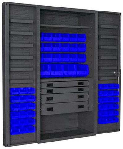 Picture of Durham DCBDLP584RDR-5295 14 Gauge 12 Door Shelves Lockable Cabinet with 58 Blue Hook on Bins & 1 Adjustable Shelf & 4 Drawers, Gray - 36 x 24 x 72 in.