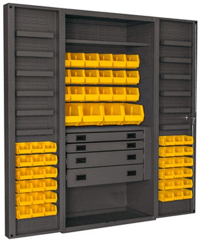 Picture of Durham DCBDLP584RDR-95 14 Gauge 12 Door Shelves Lockable Cabinet with 58 Yellow Hook on Bins & 1 Adjustable Shelf & 4 Drawers, Gray - 36 x 24 x 72 in.
