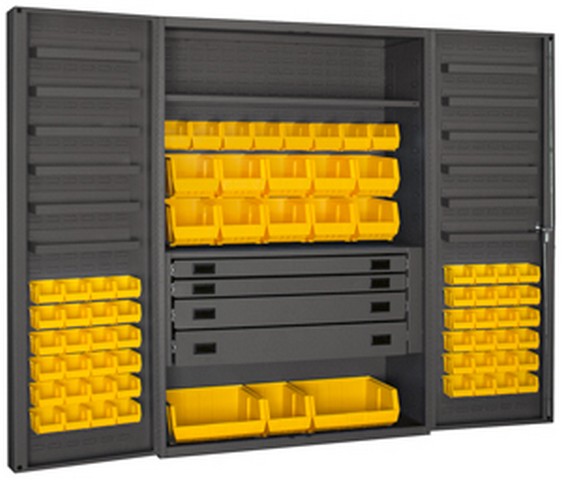 Picture of Durham DCBDLP694RDR-95 14 Gauge 12 Door Shelves Lockable Cabinet with 69 Yellow Hook on Bins & 1 Adjustable Shelf & 4 Drawers, Gray - 48 x 24 x 72 in.