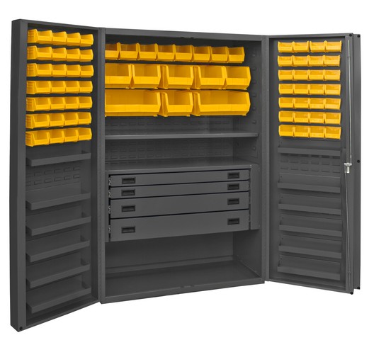 Picture of Durham DCBDLP724RDR-95 14 Gauge 12 Door Shelves Lockable Cabinet with 72 Yellow Hook on Bins & 1 Adjustable Shelf & 4 Drawers, Gray - 48 x 24 x 72 in.