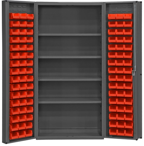 Picture of Durham DC-DLP-96-4S-1795 14 Gauge Heavy Duty Lockable Cabinet with 96 Red Hook on Bins & 4 Adjustable Shelves, Gray - 36 x 24 x 72 in.