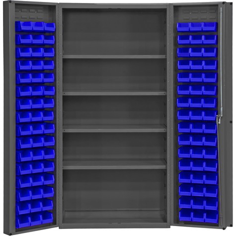 Picture of Durham DC-DLP-96-4S-5295 14 Gauge Heavy Duty Lockable Cabinet with 96 Blue Hook on Bins & 4 Adjustable Shelves, Gray - 36 x 24 x 72 in.