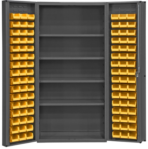 Picture of Durham DC-DLP-96-4S-95 14 Gauge Heavy Duty Lockable Cabinet with 96 Yellow Hook on Bins & 4 Adjustable Shelves, Gray - 36 x 24 x 72 in.