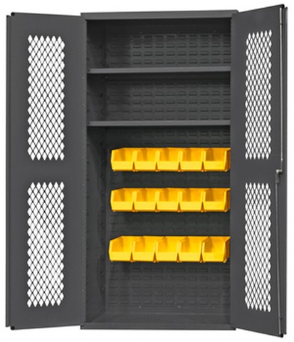 EMDC36182S15B95 36 in. 14 Gauge Clearview Flush Door Style Lockable Cabinets with 15 Yellow Hook on Bins & 2 Adjustable Shelves, Gray