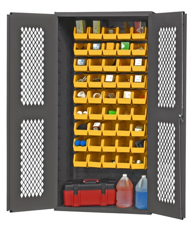 14 Gauge Flush Door Style Lockable Clearview Cabinet with 45 Yellow Hook on Bins, Gray - 36 in.