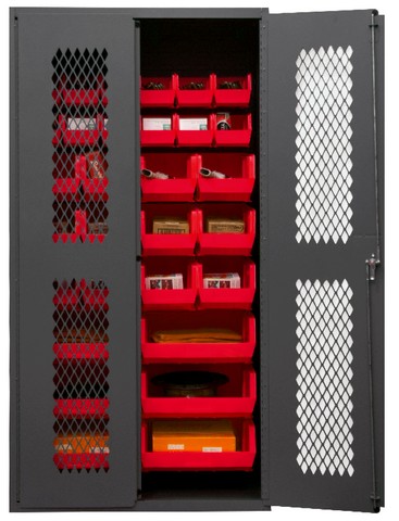 14 Gauge Flush Door Style Lockable Clearview Cabinet with 30 Red Hook on Bins, Gray - 36 x 18 x 72 in.
