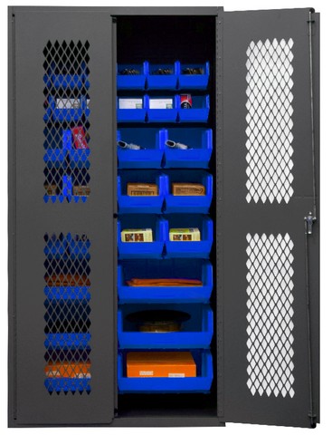 14 Gauge Flush Door Style Lockable Clearview Cabinet with 30 Blue Hook on Bins, Gray - 36 x 18 x 72 in.