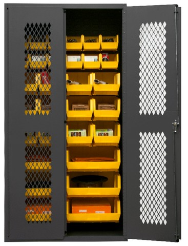 14 Gauge Flush Door Style Lockable Clearview Cabinet with 30 Yellow Hook on Bins, Gray - 36 in.