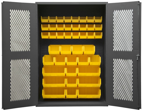 14 Gauge Flush Door Style Lockable Clearview Cabinet with 42 Yellow Hook on Bins, Gray - 48 x 18 x 72 in.