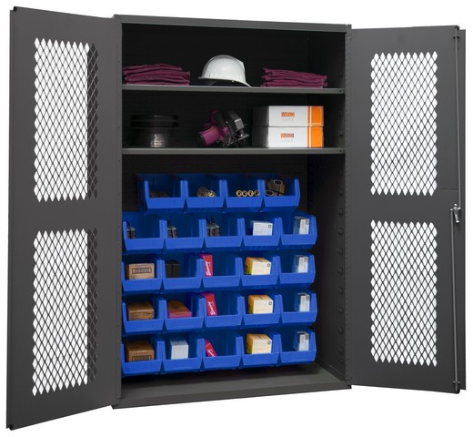 EMDC-482472-24B-2S-5295 14 Gauge Flush Door Style Lockable Clearview Cabinet with 24 Blue Hook on Bins & 2 Adjustable Shelves, Gray - 48 in.