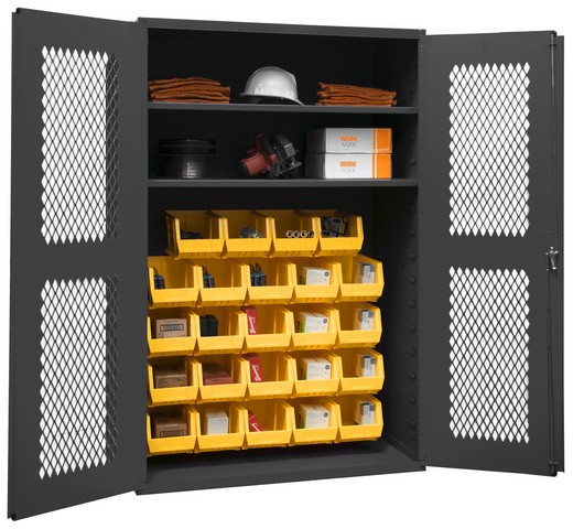 14 Gauge Flush Door Style Lockable Clearview Cabinet with 24 Yellow Hook on Bins & 2 Adjustable Shelves, Gray - 48 in.