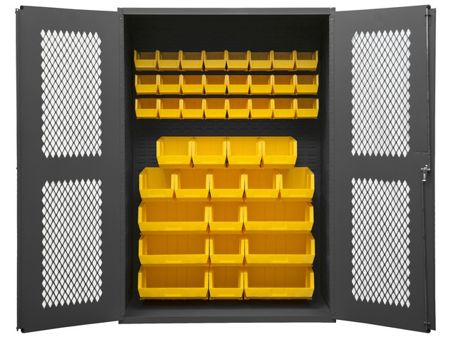 14 Gauge Flush Door Style Lockable Clearview Cabinet with 42 Yellow Hook on Bins, Gray - 48 in.