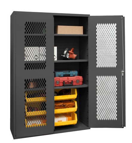 14 Gauge Flush Door Style Lockable Clearview Cabinet with 6 Yellow Hook on Bins & 3 Adjustable Shelves, Gray - 48 in.
