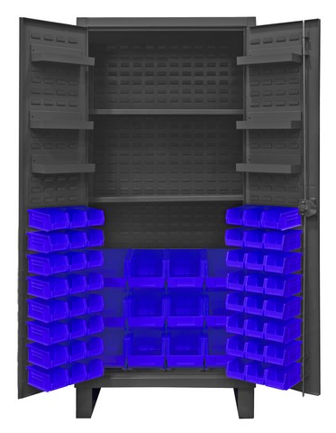 12 Gauge Recessed Door Style Lockable Cabinet with 60 Red Hook on Bins & 2 Adjustable 6 Door Shelves - Gray - 36 in.