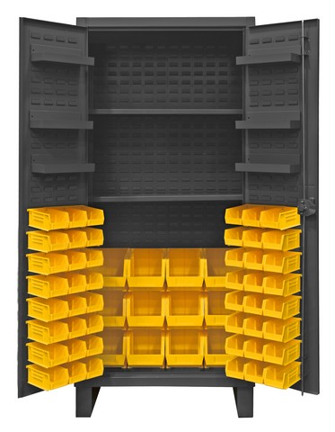 12 Gauge Recessed Door Style Lockable Cabinet with 60 Blue Hook on Bins & 2 Adjustable 6 Door Shelves, Gray - 36 in.