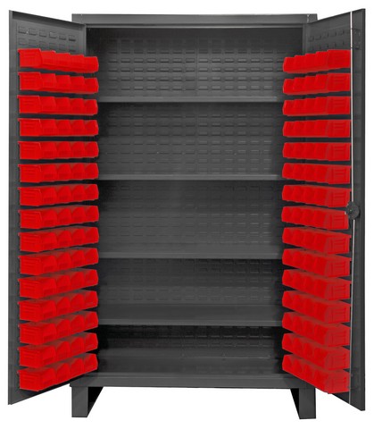 12 Gauge Deep Door Style Lockable Cabinet with 24 Red Tilt Bins & 4 Adjustable Shelves, Gray - 36