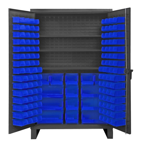 12 Gauge Recessed Door Style Lockable Cabinet with 134 Red Hook on Bins & 3 Adjustable Shelves - Gray - 48 in.